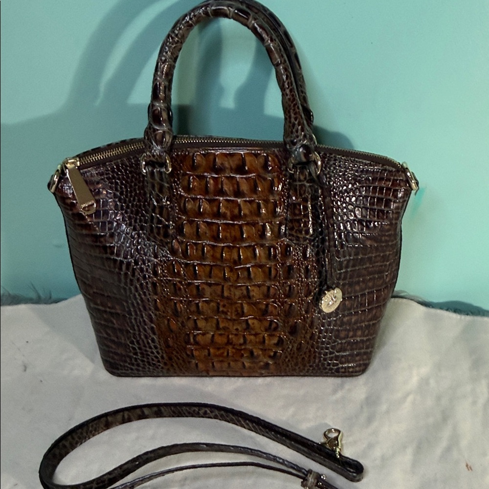 Brahmin Medium Duxbury Brown Croc-Embossed Leather Satchel with Detachable Strap